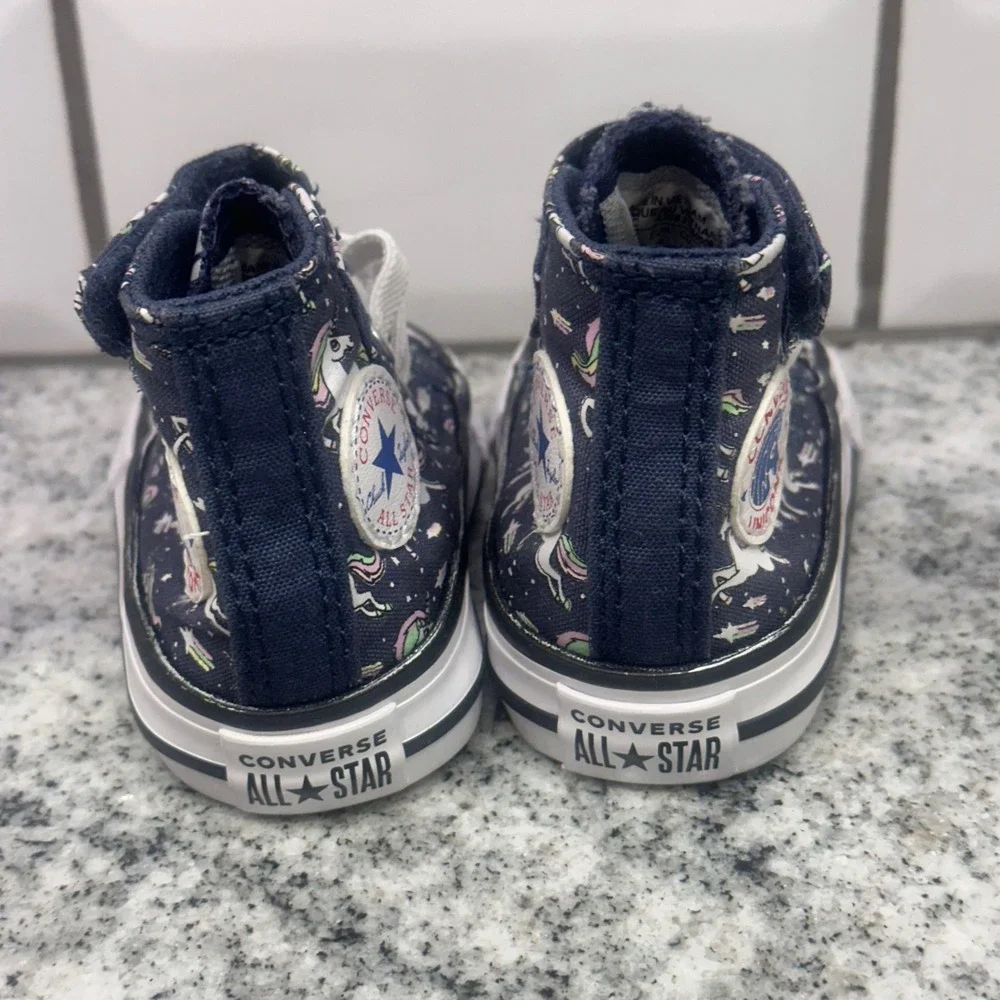 Converse Kids 2 Chuck Taylor High Top Navy Blue Unicorn Print Hook Loop Sneaker